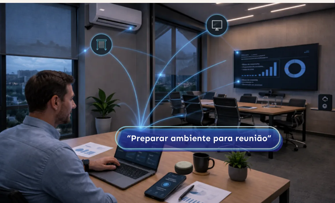Profissional em uma sala de reunião automatizada, com o comando “Preparar ambiente para reunião”