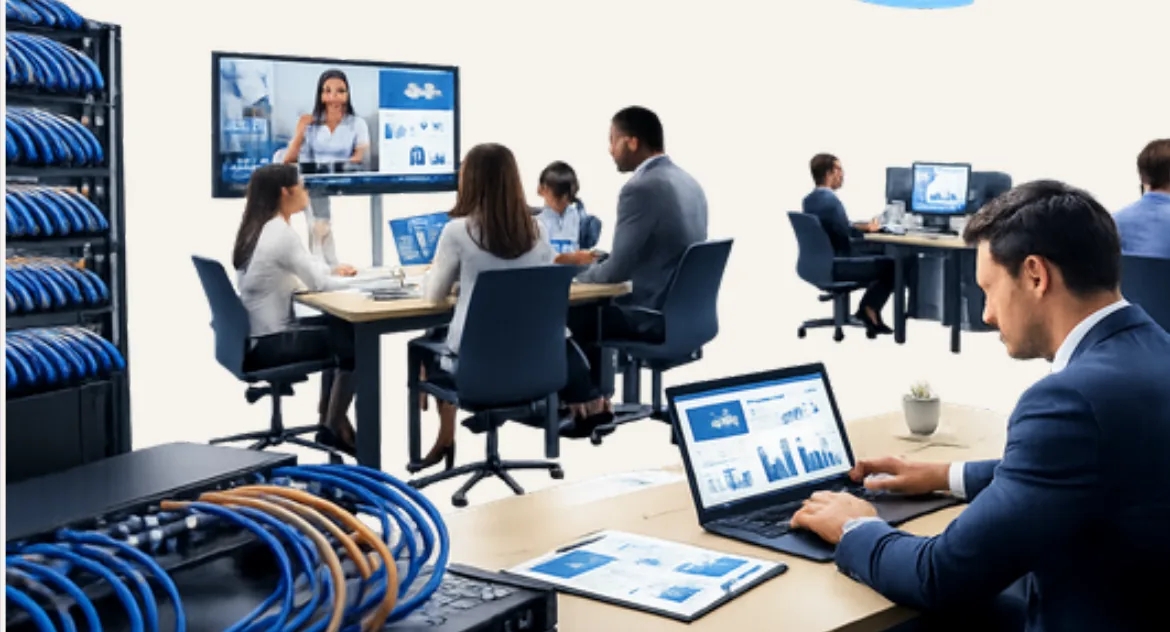 Escritório com rack de rede organizado e equipe em videoconferência