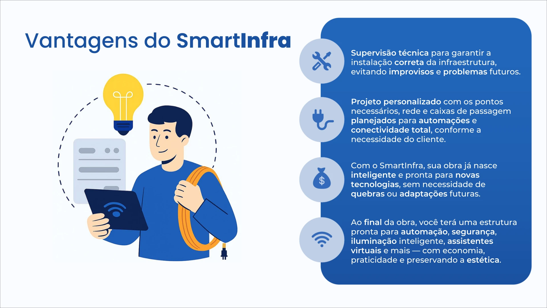 Slide “Vantagens do SmartInfra”: supervisão técnica, projeto personalizado, obra que já nasce inteligente e estrutura pronta para automação, com ilustração de técnico segurando tablet e cabo